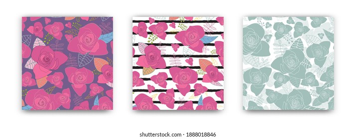Conjunto vectorial de fondo de patrón de silueta rosa rosa rosa, floral, rayado y verde