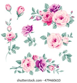 Vector set of pink roses and buds. Decorative floral elements for page decor.