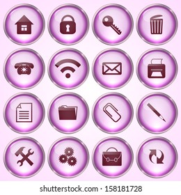 Vector Set of Pink Round Glass Buttons with Office Theme on White Background