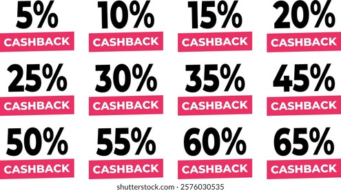 Vector set of pink sale icons 5,15,20,25,30,35,40,45,50,55,60,65% with cashback percentages. Vector set of sale tag icons. Sale offer price sign. Special offer symbol. Discount promotion.