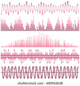 Vector set of pink sound waves. Audio equalizer. Sound & audio waves isolated on white background.
