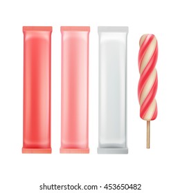 Vektorset aus rosafarbenem Erdbeeren Spiralpopsikel Lollipop Eiscreme Fruchtsaft Eis auf Stick mit rosafarbenem weißem Plastikfolie für Branding-Verpackungsdesign Nahaufnahme einzeln auf Hintergrund