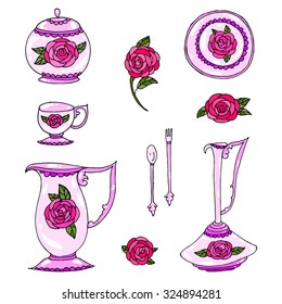 Vector set of pink tableware set with a ornamental flower red rose. Various objects: sugar bowl, mug, pitcher, rose, fork, spoon, plate, a carafe. On a white background