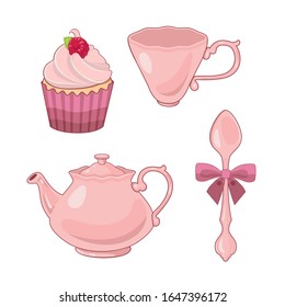 Vector set with pink tea pot, cup, spoon and raspberry  cupcake