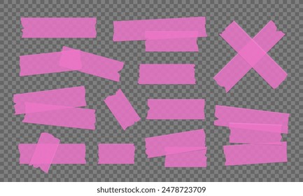 Vector set of pink transparent adhesive tape. Duct tape strip. Torn pieces of masking tape isolated on transparent background. 