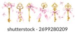 Vector set of pink vintage keys with pink ribbons in watercolor style. Decorative vintage elements for wedding, birthday.