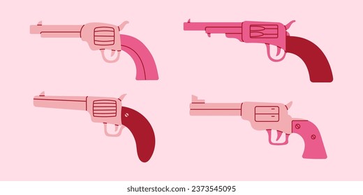 Juego de vectores de pistolas de vaqueros occidentales rosadas. Concepto de la zona salvaje occidental. Colección retro de armas de cowgirl. Armas de glamur Y2k.
