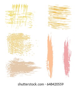 Vector set of pink and yellow strokes. Grunge isolated elements. Smoke brushes for your design. Freehand. Ink splash. Vector illustration.