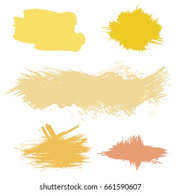 Vector set of pink and yellow strokes. Grunge isolated elements. Smoke brushes for your design. Freehand. Ink splash. Vector illustration.
