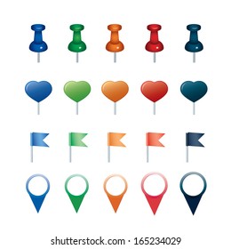 vector set of pins, flags, hearts and markers