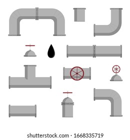 Vector set of pipelines elements for oil, gas, water isolated on white background. Kit of steel or plastic pipeline elements with valves and fittings, petroleum fuel, gas industry transportation line.