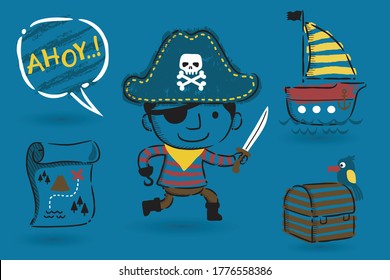 Vector set of piracy elements cartoon with funny pirate and parrot