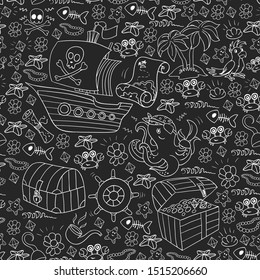 Vector set with pirate elements for birthday party for little children. Kids pattern with octopus, beach, treasure chest, ship