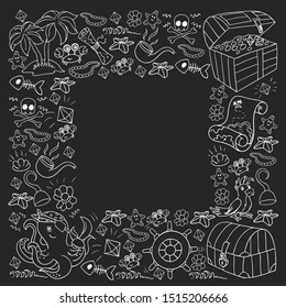 Vector set with pirate elements for birthday party for little children. Kids pattern with octopus, beach, treasure chest, ship
