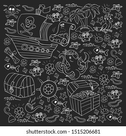 Vector set with pirate elements for birthday party for little children. Kids pattern with octopus, beach, treasure chest, ship
