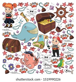 Vector set with pirate elements for birthday party for little children. Kids pattern with octopus, beach, treasure chest, ship