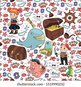 Vector set with pirate elements for birthday party for little children. Kids pattern with octopus, beach, treasure chest, ship