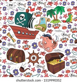 Vector set with pirate elements for birthday party for little children. Kids pattern with octopus, beach, treasure chest, ship