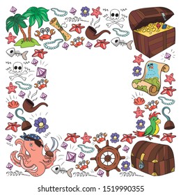 Vector set with pirate elements for birthday party for little children. Kids pattern with octopus, beach, treasure chest, ship
