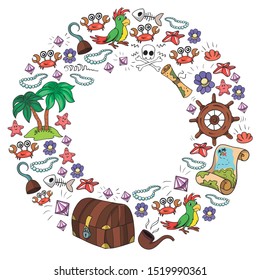 Vector set with pirate elements for birthday party for little children. Kids pattern with octopus, beach, treasure chest, ship
