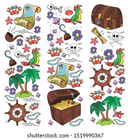 Vector set with pirate elements for birthday party for little children. Kids pattern with octopus, beach, treasure chest, ship