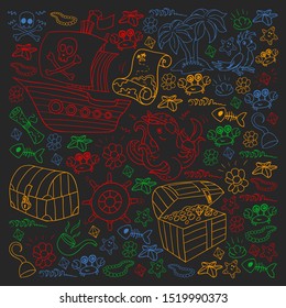 Vector set with pirate elements for birthday party for little children. Kids pattern with octopus, beach, treasure chest, ship