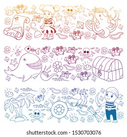 Vector set with pirate elements for birthday party for little children. Kids pattern with octopus, beach, treasure chest, ship