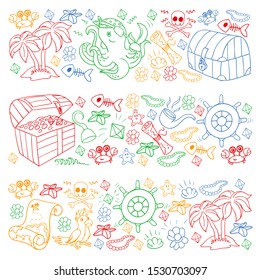 Vector set with pirate elements for birthday party for little children. Kids pattern with octopus, beach, treasure chest, ship