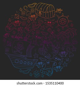 Vector set with pirate elements for birthday party for little children. Kids pattern with octopus, beach, treasure chest, ship