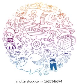 Vector set with pirate elements for birthday party for little children. Kids pattern with octopus, beach, treasure chest, ship