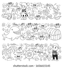 Vector set with pirate elements for birthday party for little children. Kids pattern with octopus, beach, treasure chest, ship