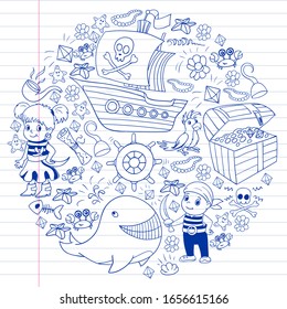 Vector set with pirate elements for birthday party for little children. Kids pattern with octopus, beach, treasure chest, ship