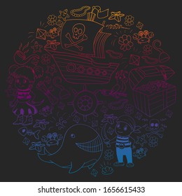 Vector set with pirate elements for birthday party for little children. Kids pattern with octopus, beach, treasure chest, ship