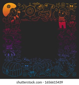 Vector set with pirate elements for birthday party for little children. Kids pattern with octopus, beach, treasure chest, ship