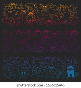 Vector set with pirate elements for birthday party for little children. Kids pattern with octopus, beach, treasure chest, ship