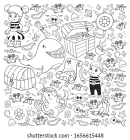 Vector set with pirate elements for birthday party for little children. Kids pattern with octopus, beach, treasure chest, ship