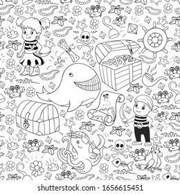 Vector set with pirate elements for birthday party for little children. Kids pattern with octopus, beach, treasure chest, ship