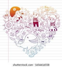 Vector set with pirate elements for birthday party for little children. Kids pattern with octopus, beach, treasure chest, ship