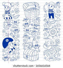 Vector set with pirate elements for birthday party for little children. Kids pattern with octopus, beach, treasure chest, ship