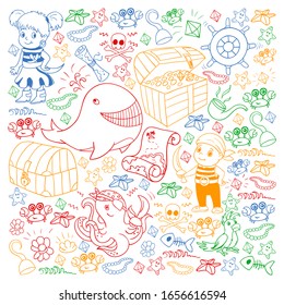 Vector set with pirate elements for birthday party for little children. Kids pattern with octopus, beach, treasure chest, ship