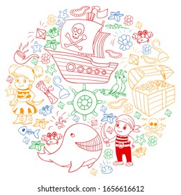 Vector set with pirate elements for birthday party for little children. Kids pattern with octopus, beach, treasure chest, ship