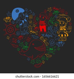 Vector set with pirate elements for birthday party for little children. Kids pattern with octopus, beach, treasure chest, ship