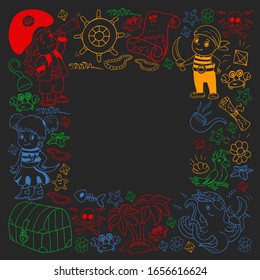 Vector set with pirate elements for birthday party for little children. Kids pattern with octopus, beach, treasure chest, ship