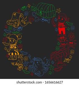 Vector set with pirate elements for birthday party for little children. Kids pattern with octopus, beach, treasure chest, ship