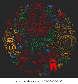 Vector set with pirate elements for birthday party for little children. Kids pattern with octopus, beach, treasure chest, ship