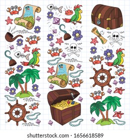 Vector set with pirate elements for birthday party for little children. Kids pattern with octopus, beach, treasure chest, ship