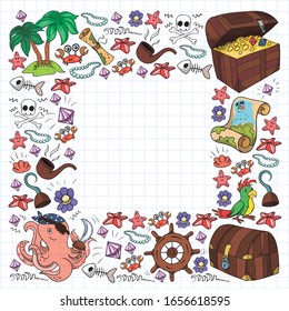 Vector set with pirate elements for birthday party for little children. Kids pattern with octopus, beach, treasure chest, ship