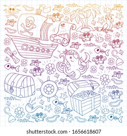 Vector set with pirate elements for birthday party for little children. Kids pattern with octopus, beach, treasure chest, ship