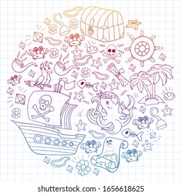 Vector set with pirate elements for birthday party for little children. Kids pattern with octopus, beach, treasure chest, ship