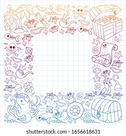 Vector set with pirate elements for birthday party for little children. Kids pattern with octopus, beach, treasure chest, ship